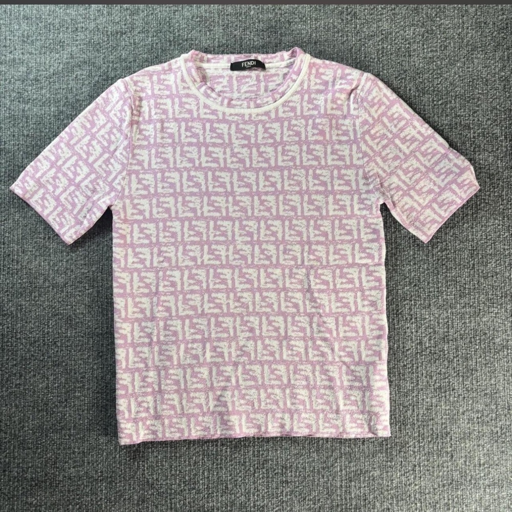 Fendi Pink & White FF Jacquard Short Sleeve Knit Top